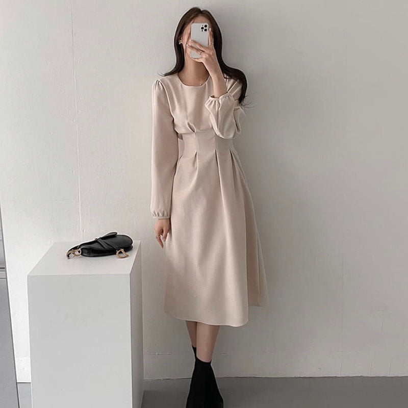 Puff Sleeve Mid-length Dress - WOMONA.COM