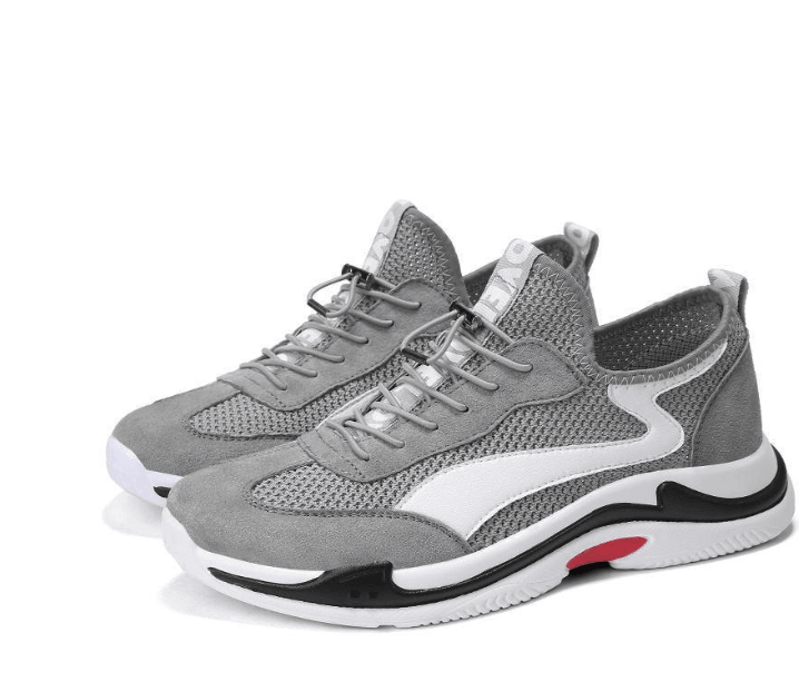 Gray HYFE sneakers with mesh uppers, white side stripe, black sole trim, lace-up design