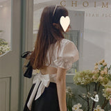 Puff Sleeve Bow Tie French Short Top Women - WOMONA.COM