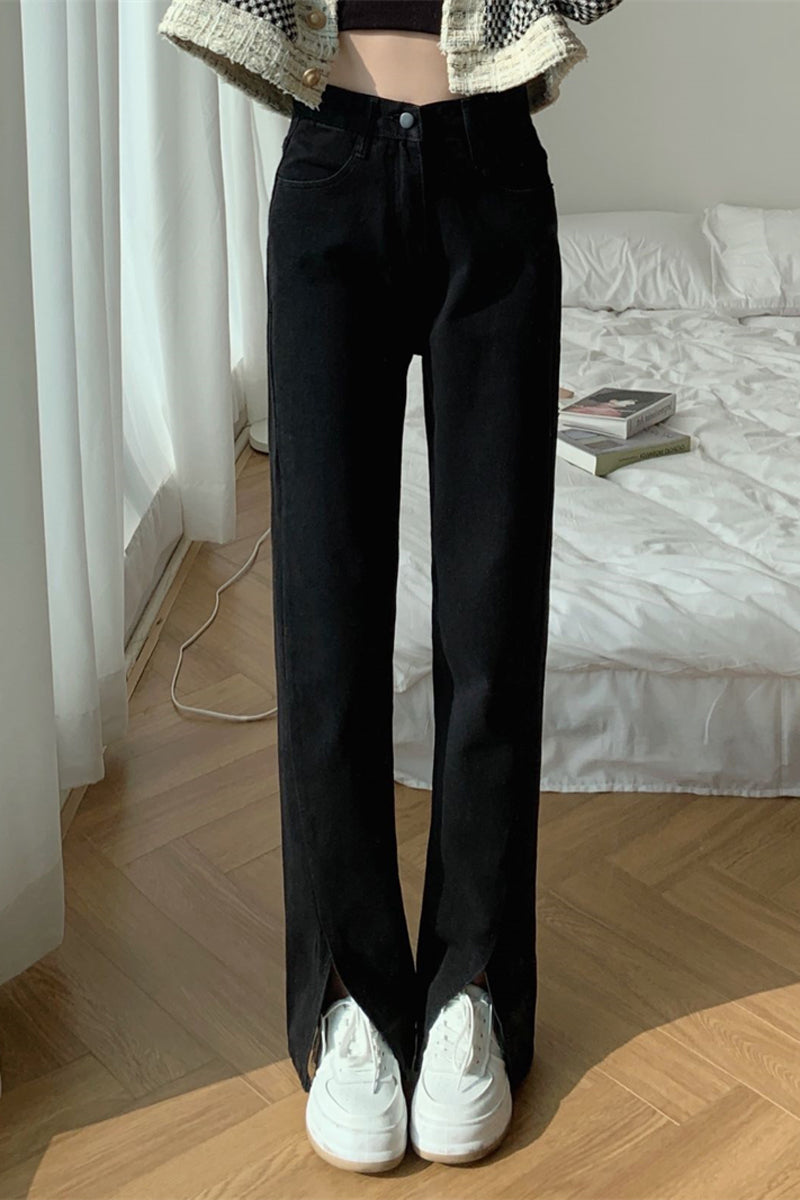 Split Black Jeans Straight Leg - WOMONA.COM