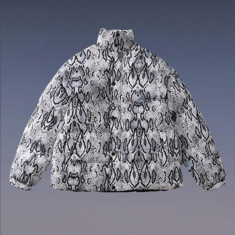 Quilted snake-pattern jacket with high stand collar and full front zipper