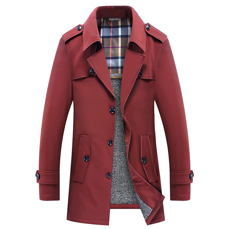 Long plush trench coat in red wine, button front, flap pockets, plaid-lined lapels.