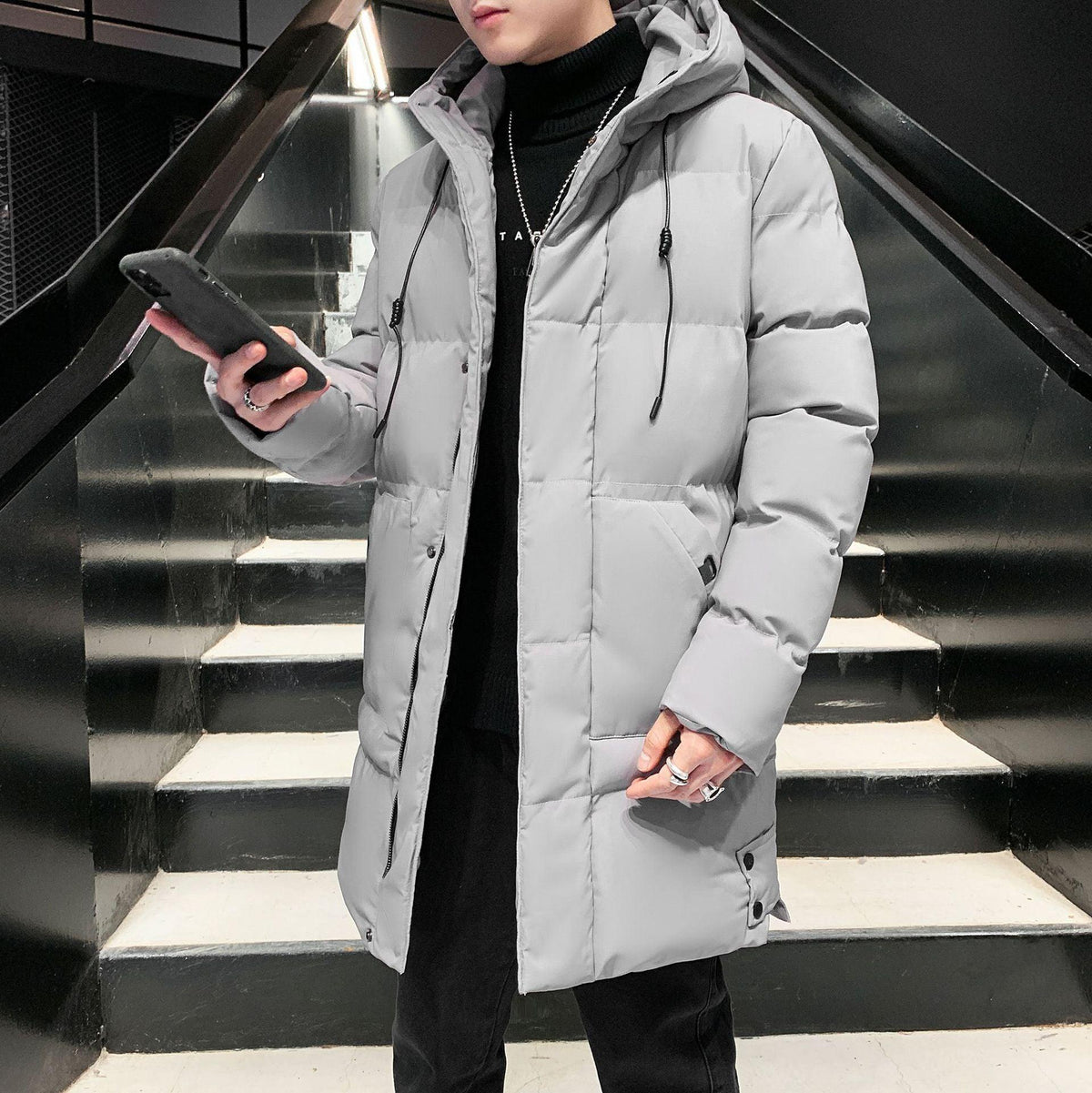 Light gray winter down padded jacket with hood, full-zip front, side pockets
