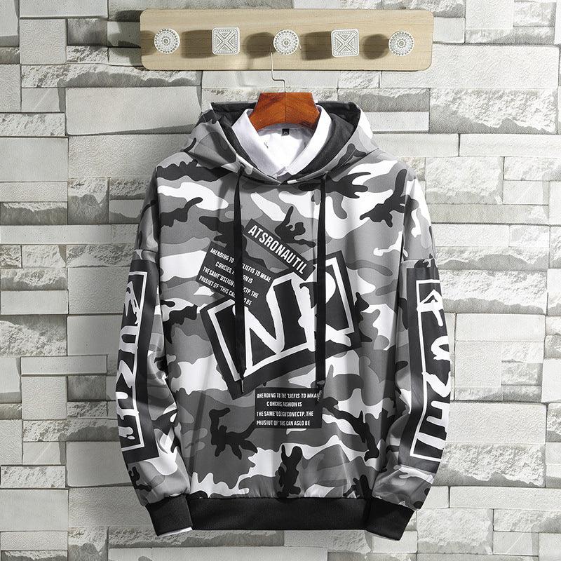 Grey camo long-sleeve hoodie sweater with black hood and front logo patch