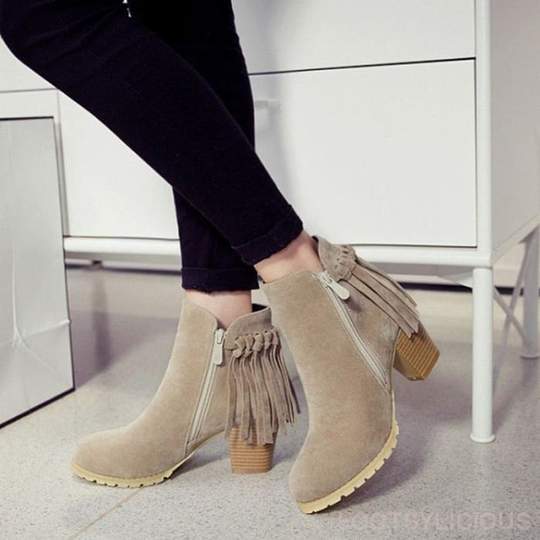 thick with round head tassel ankle boots - WOMONA.COM