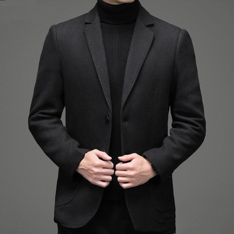 Black blazer-style single-breasted coat with notched lapel and front pockets