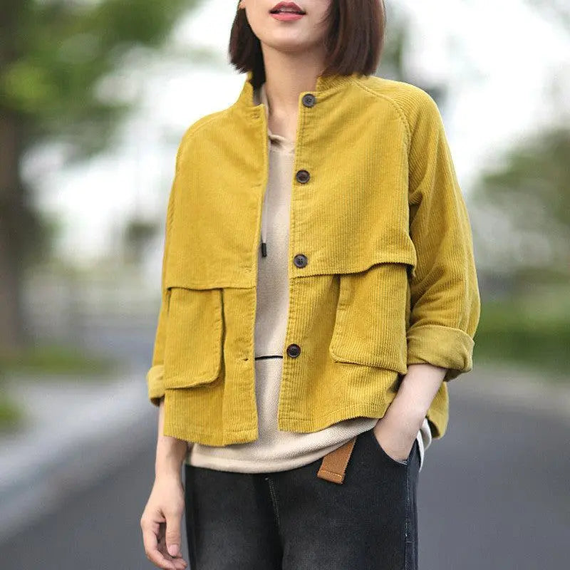 Yellow corduroy long-sleeve jacket with button front, stand collar, and flap pockets