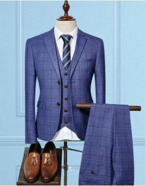 Purple-blue plaid men's business suit with vest and matching trousers