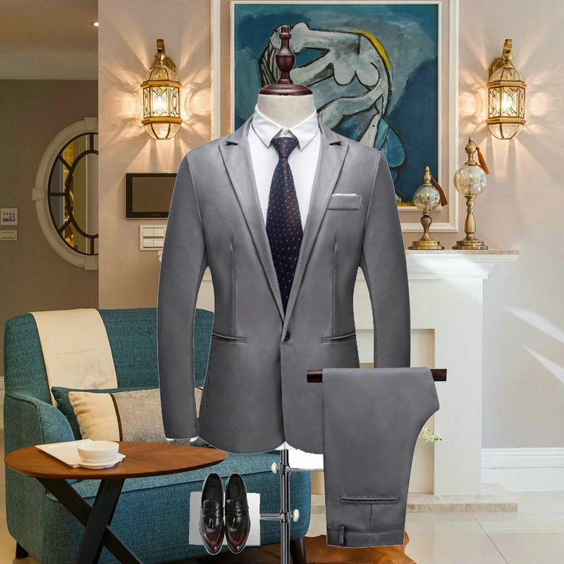 Gray single-breasted blazer jacket with matching trousers on a mannequin
