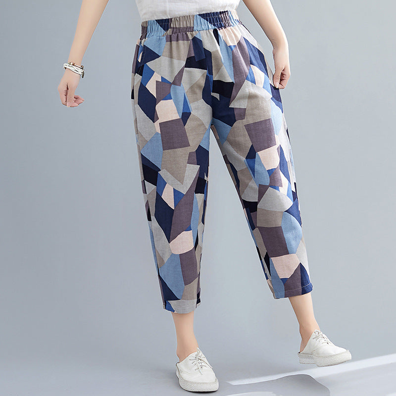 Printed Cotton Linen Pants Women's - WOMONA.COM