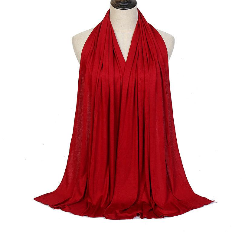 Mercerized cotton ladies headscarf in wine red, V-neck style with pleated drape