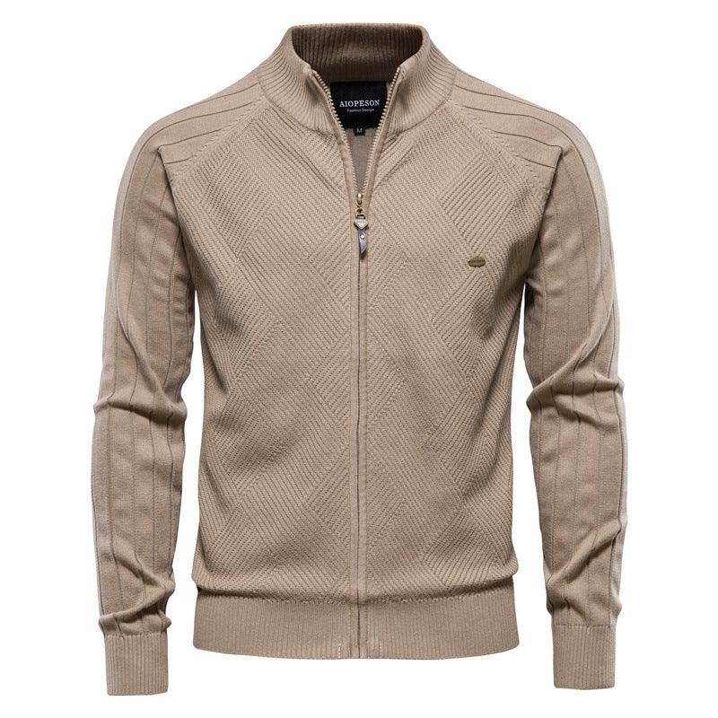 Khaki zip-up knit sweater with stand collar and diamond pattern