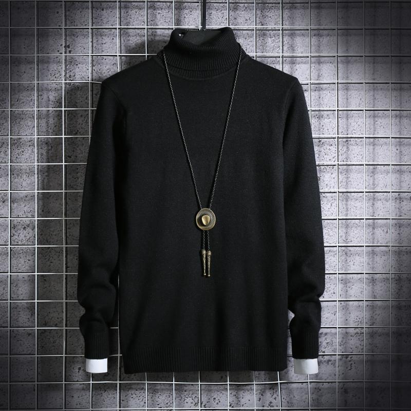 Men's turtleneck sweater in black knit with long sleeves, ribbed cuffs, and hem.