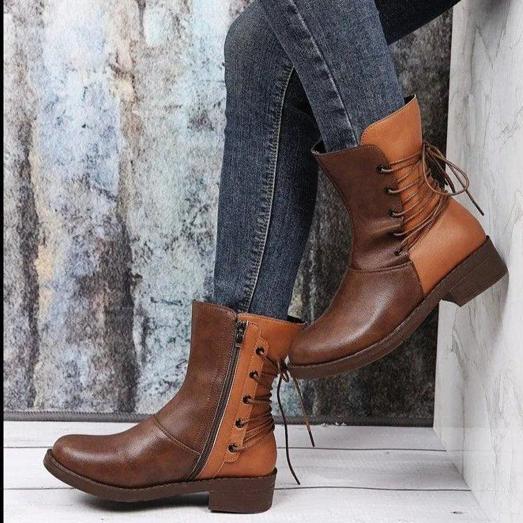 Tan/brown thick-heel ankle boots with lace-up front and stacked heel