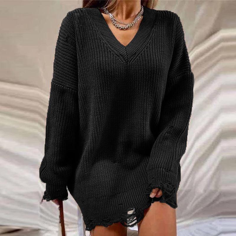 Loose Solid Color Ripped Sweater - WOMONA.COM
