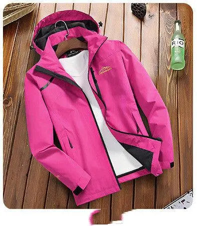 Pink mountaineering layer jacket with hood, zip front, and black trim