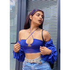 Sleeve Halter  Lace-up Top - WOMONA.COM