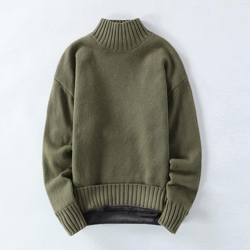 Men's high-neck sweater in olive green, ribbed collar and cuffs, long sleeves