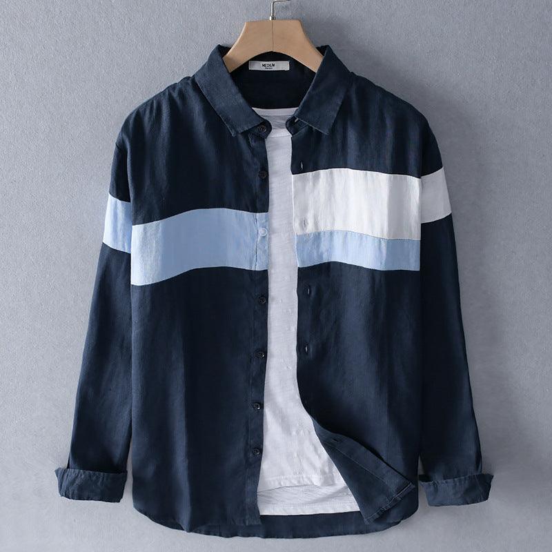 Men’s button-up cotton-linen beach shirt in navy with white and light-blue stripes
