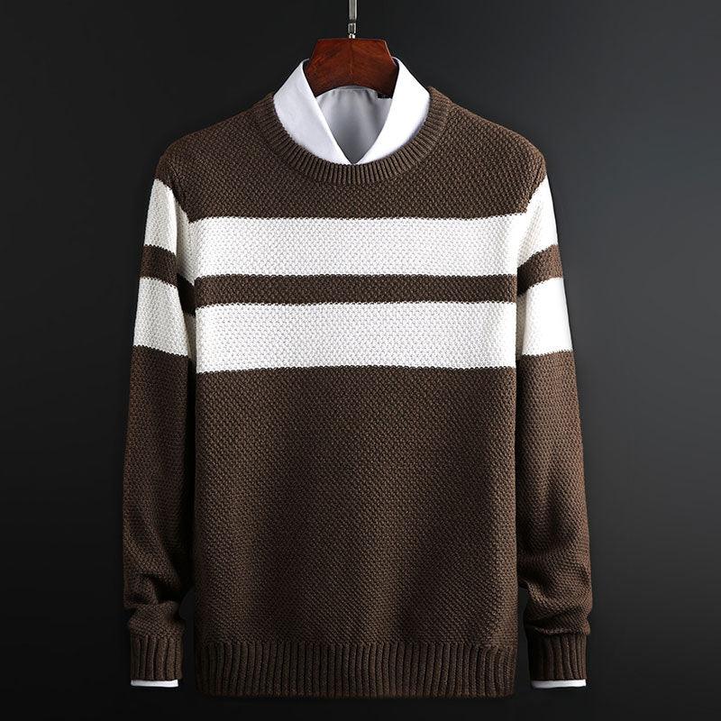 Brown striped knit pullover with crew neck and ribbed cuffs, white contrast bands