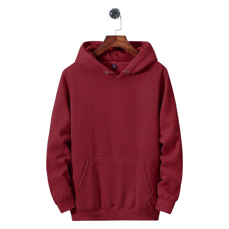 Burgundy fleece hooded sweatshirt with front kangaroo pocket and drawstring hood