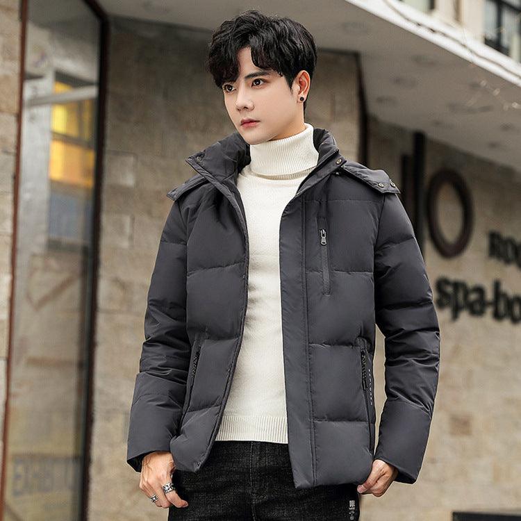 Men's short down jacket in dark gray with hood, full-zip front, and quilted padding