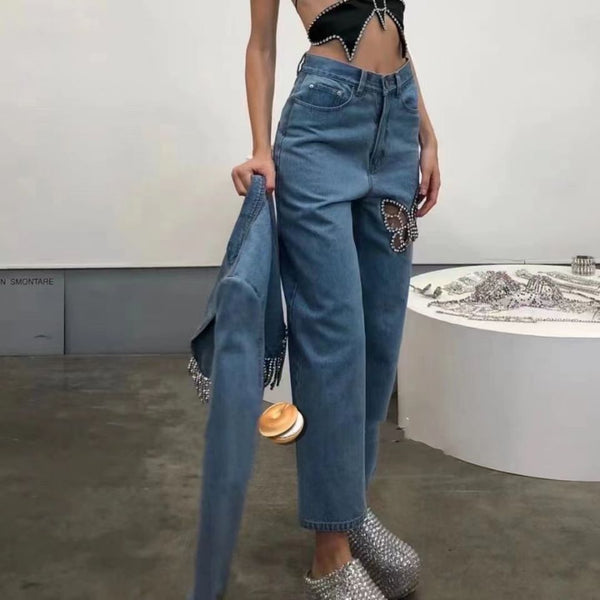 Diamond Butterfly Denim Trousers - WOMONA.COM