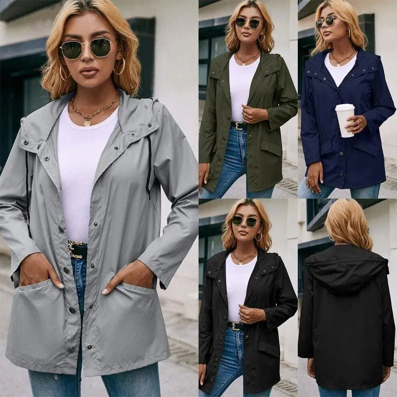 Hooded waterproof parka with button front and front pockets, light grey color.