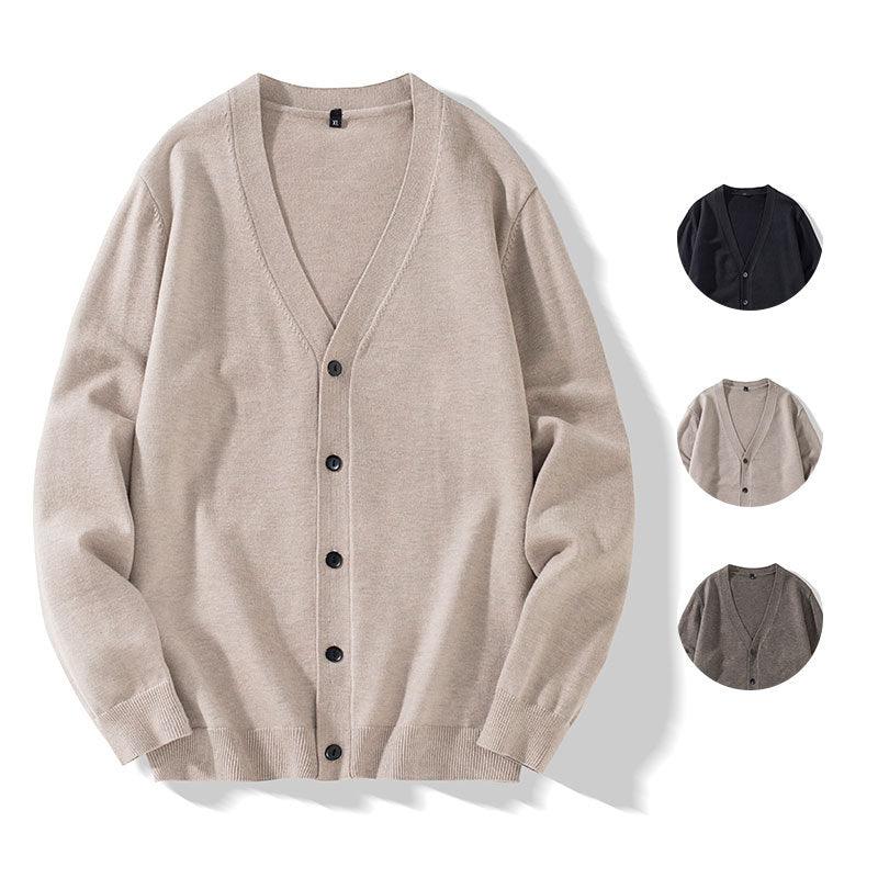 Beige knit youth cardigan jacket, V-neck, button front, long sleeves