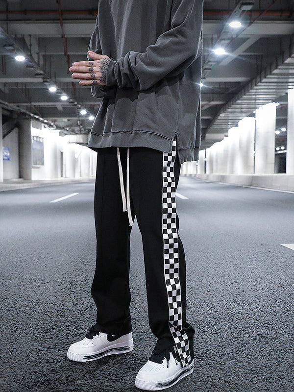 Checkerboard Side Split Straight Leg Sweatpants Hip-hop Drop Feeling Stacked Drawstring Casual Pants Men - WOMONA.COM