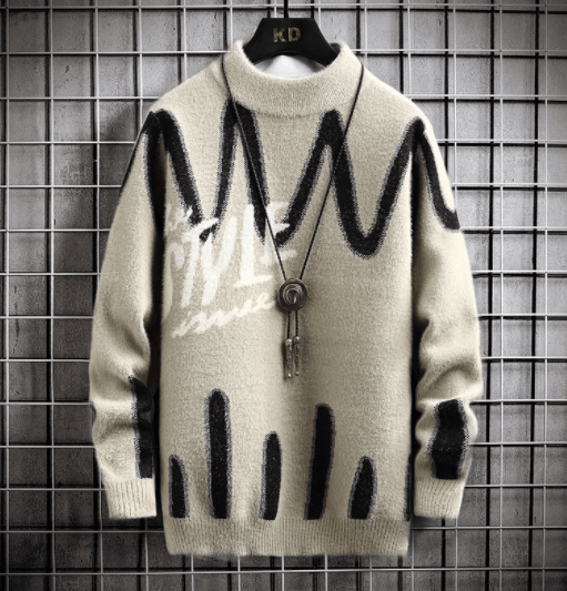 Cream half turtleneck knit sweater with black V-style drips and center button placket