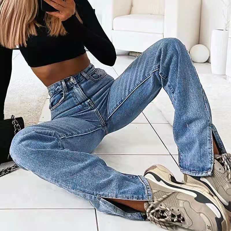 Retro Straight Split Denim Trousers Women - WOMONA.COM