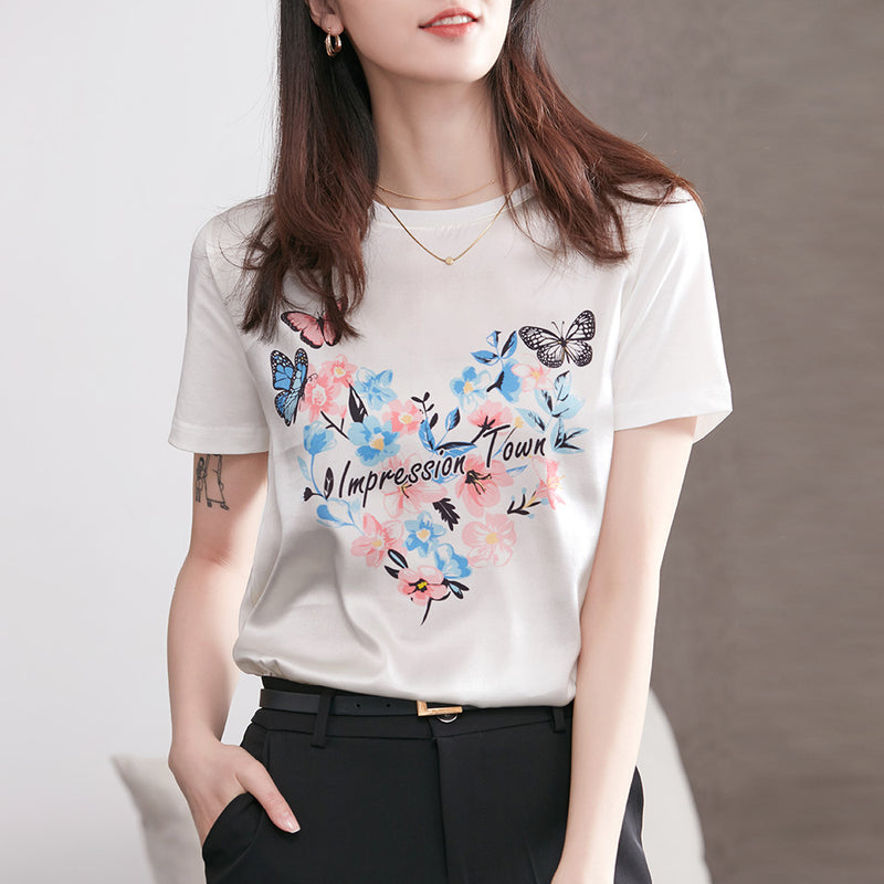 Silk T-shirt Women Short-sleeved Butterfly - WOMONA.COM