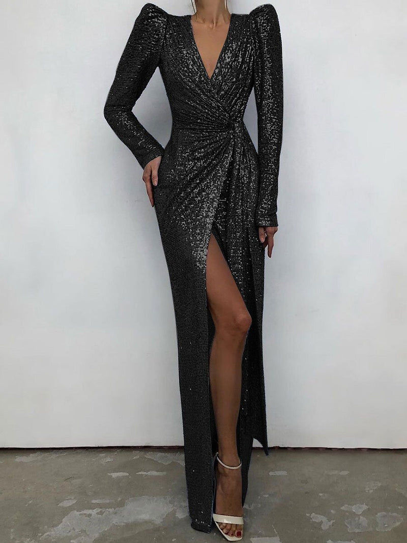Sequined Slit Tail Banquet Dress Evening Gown - WOMONA.COM