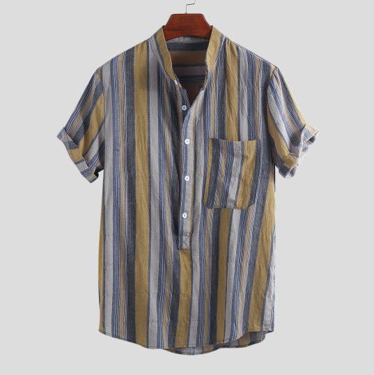 Men's striped short-sleeve button-up shirt with spread collar and chest pocket