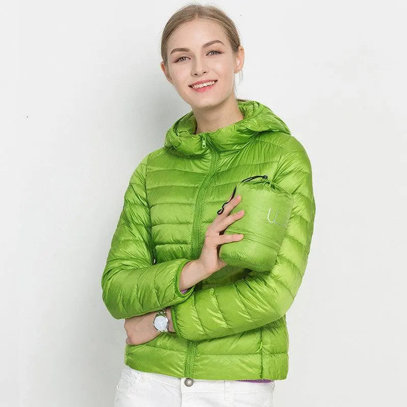 Lime green lightweight down jacket with zip front and hood