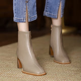 Chunky Heel Leather Ankle Boots - WOMONA.COM