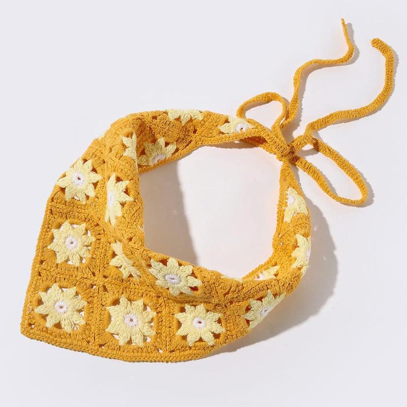 Mustard yellow triangle hair scarf with white daisy flowers and ribbon ties