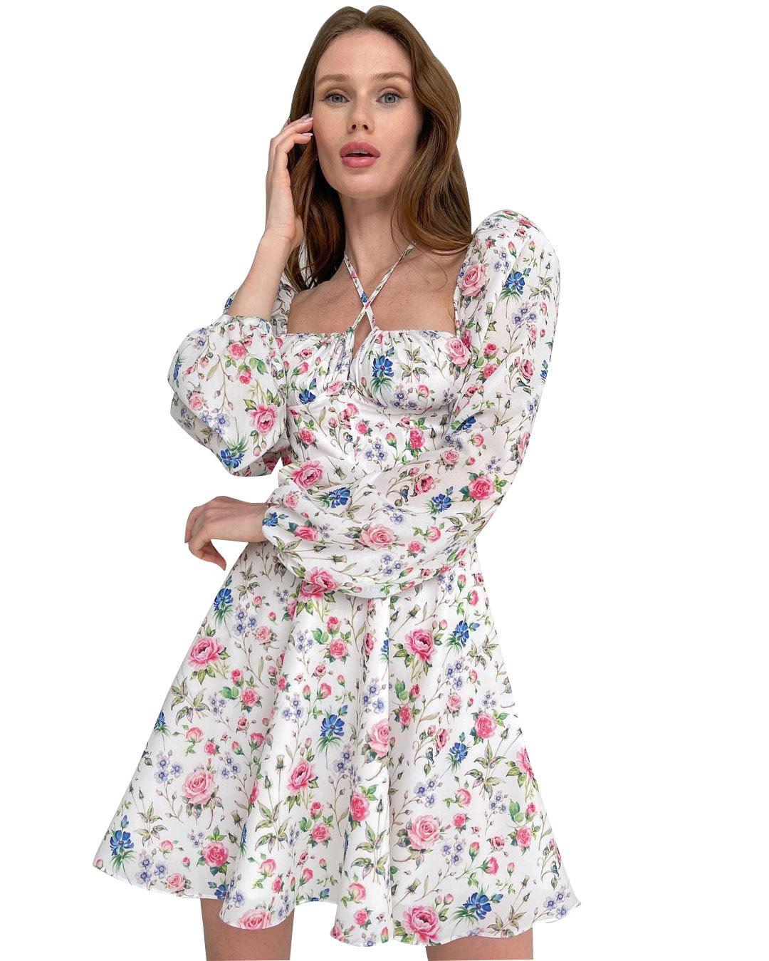 Puff Sleeve Floral Lace-Up Dress - WOMONA.COM