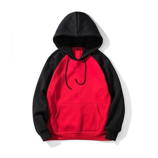 Black-and-red hooded sweatshirt with front kangaroo pocket and drawstring cords.