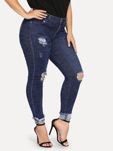 Shredded plus size women's feet jeans - WOMONA.COM