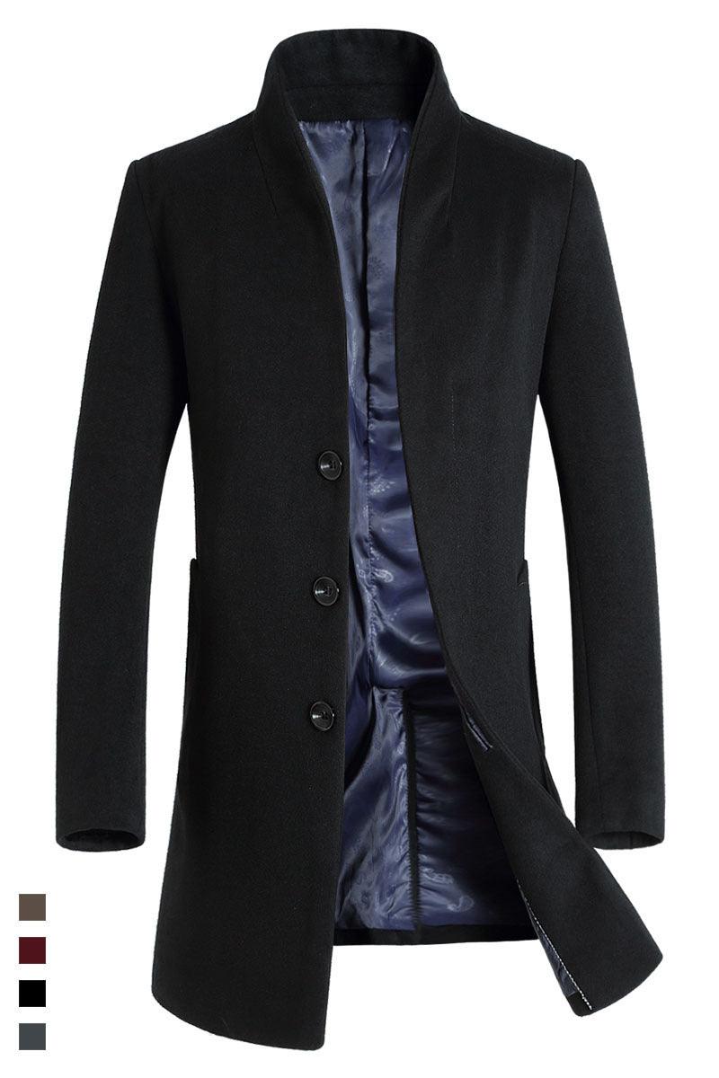 Men's wool coat jacket in black, notch lapels, button front, open showing blue lining