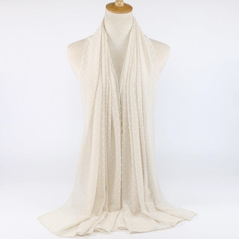 Chiffon folk ball scarf in off-white with tiny dotted print, long flowing drape
