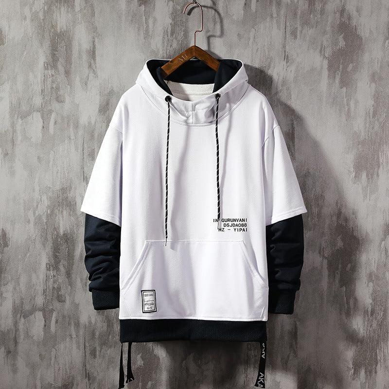 Boys' hooded sweater coat in white with black sleeve panels, drawstring hood, and front pocket