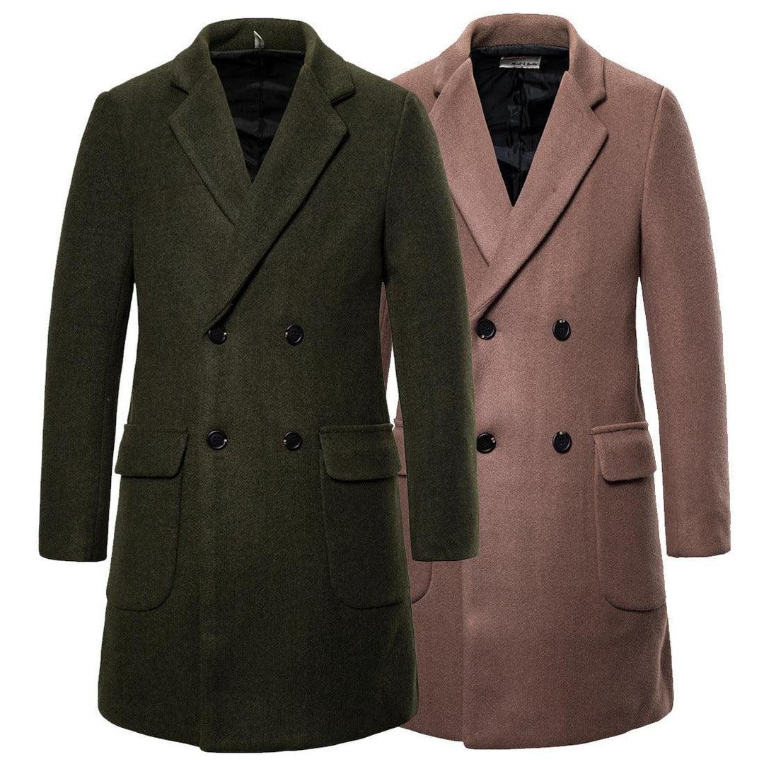 Men's double-breasted wool trench coat set: dark green and light brown, black buttons.