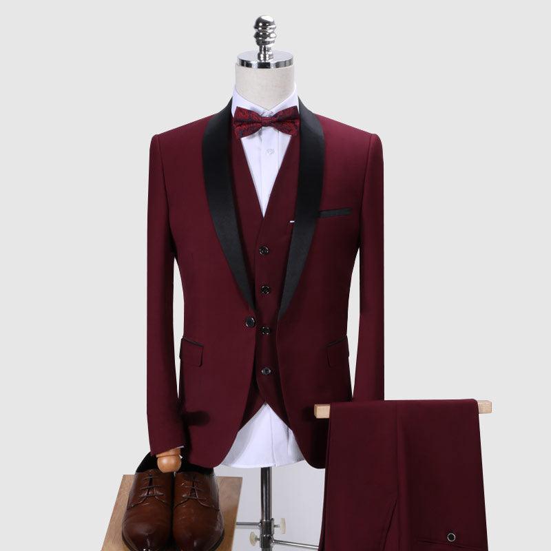 Claret men’s 3-piece suit with satin bow tie, waistcoat, blazer and trousers