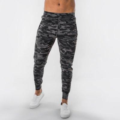 Men's dark camouflage trousers, slim tapered legs with front pockets and ankle cuffs