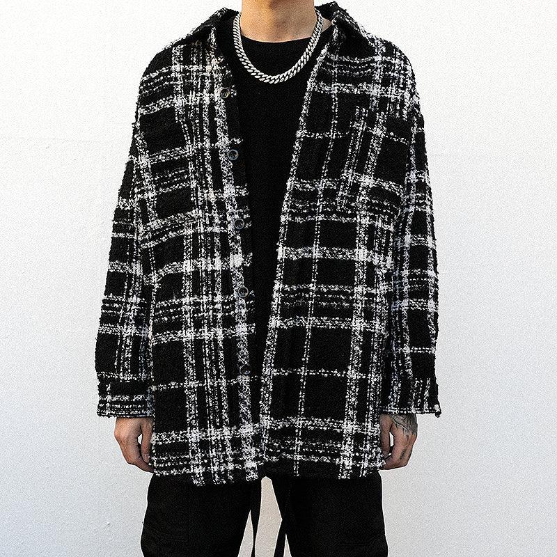 Black plaid padded wool shirt jacket with open front and stand collar