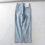 Light Blue denim Ripped Straight Leg Pants Women - WOMONA.COM