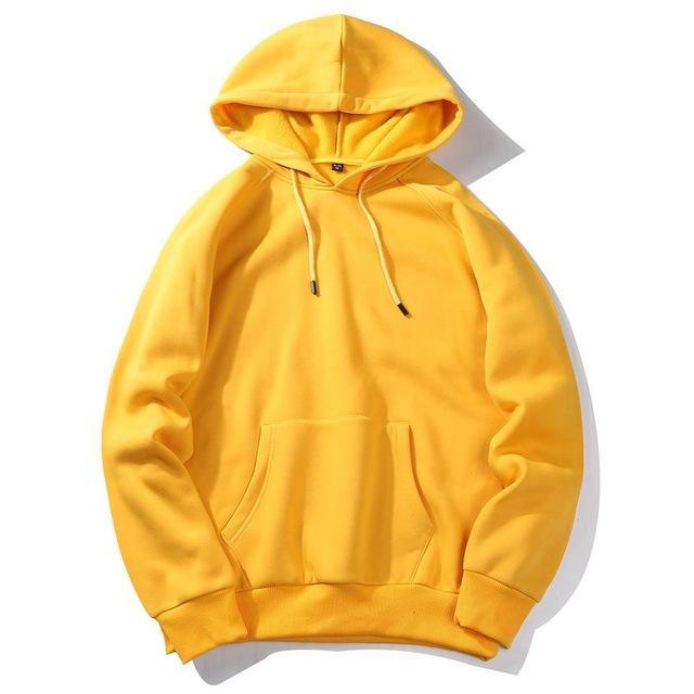 Bright yellow hoodie with adjustable drawstring hood and front kangaroo pocket.